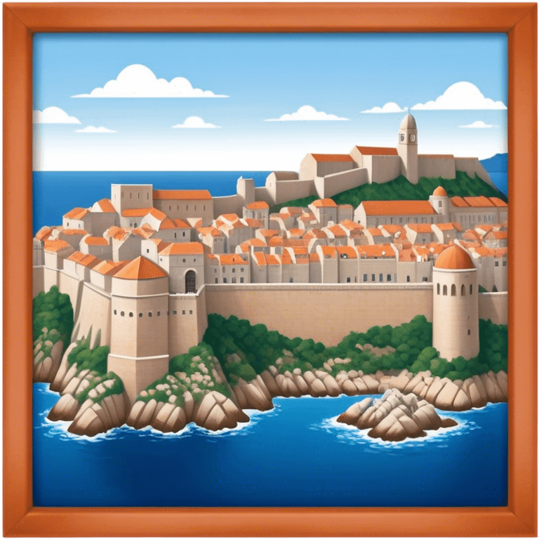 Cinematic Realistic Dubrovnik Landmark Emoji, showcasing the historic walled city with its terracotta rooftops, stone fortifications, and the deep blue Adriatic Sea stretching beyond. emoji