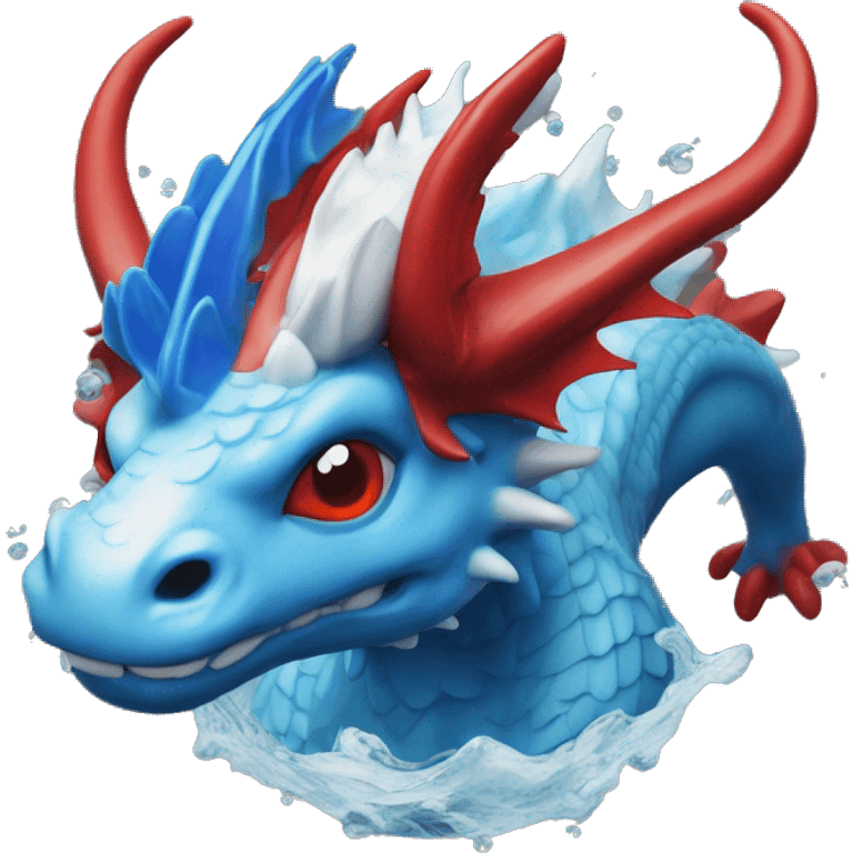 A blue dragon with red and white horns in a av filled with water  emoji