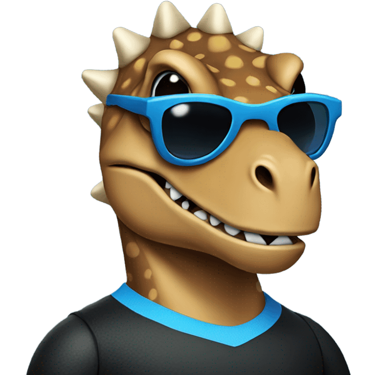 Dinosaur wearing a blue jersey with black shirt and sunglasses emoji