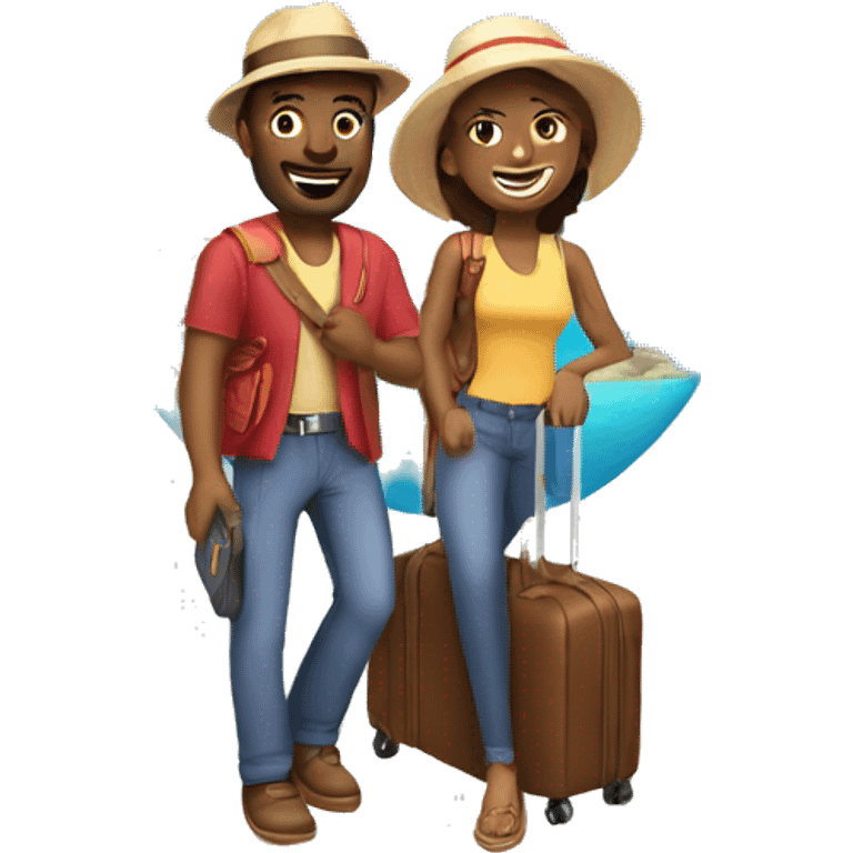 two people one male and one female excited of going on a vacation and thinking of different modes of travel and tickets emoji