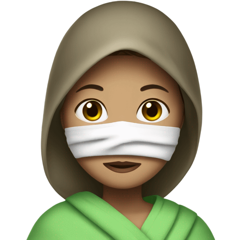 girl with brown hair with her hair in a white towel with a green face mask on emoji