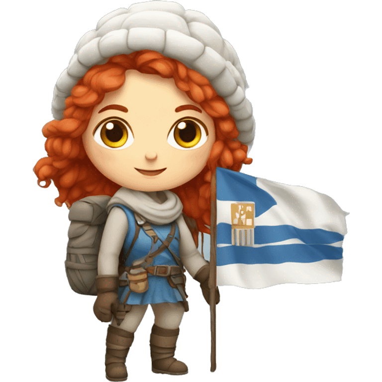 Greek Female winter mountaineer red hair white skin climbing with Greek Flag and Easter eggs basket emoji