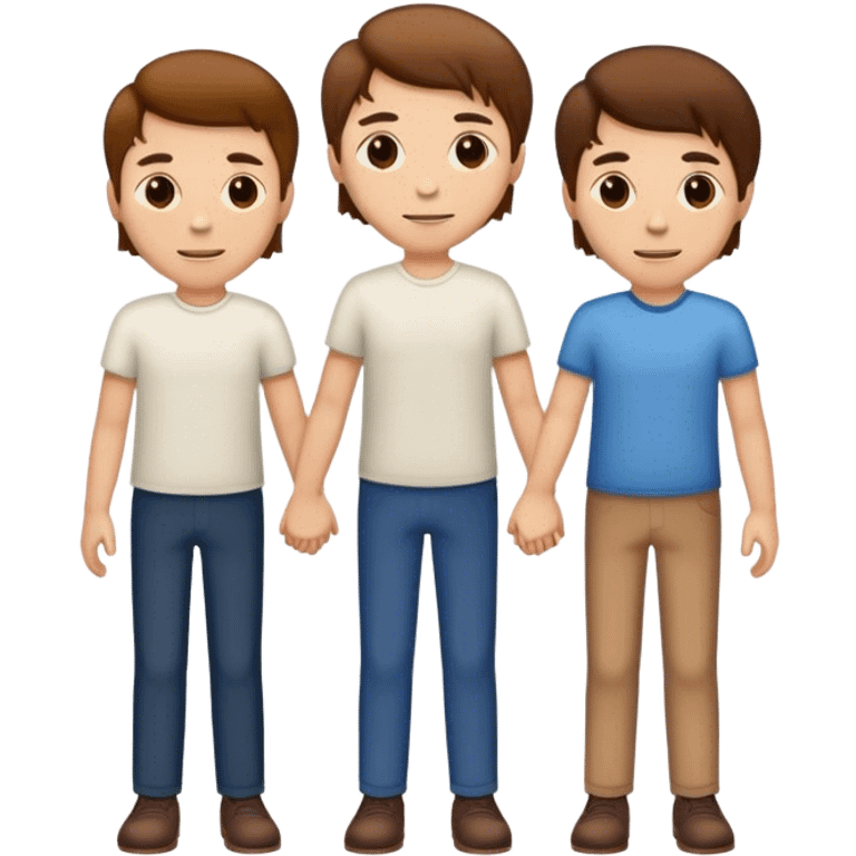 3 white men standing next to each other holding hands, with brown hair emoji