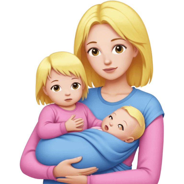 Mother with yellow hair and pink clothes, holding baby in blue clothes emoji