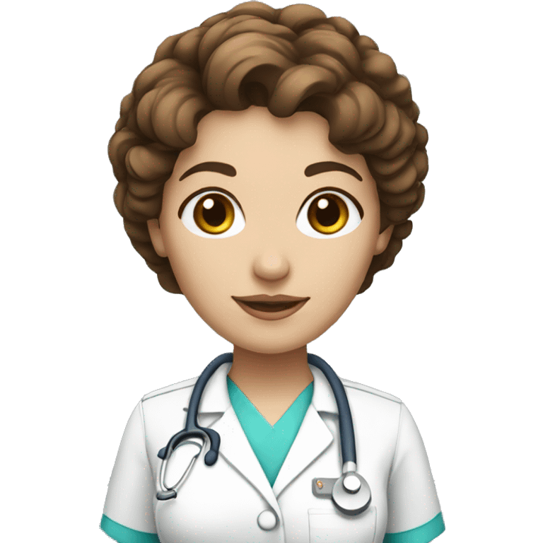 White skin nurse woman with short curly brown hair emoji