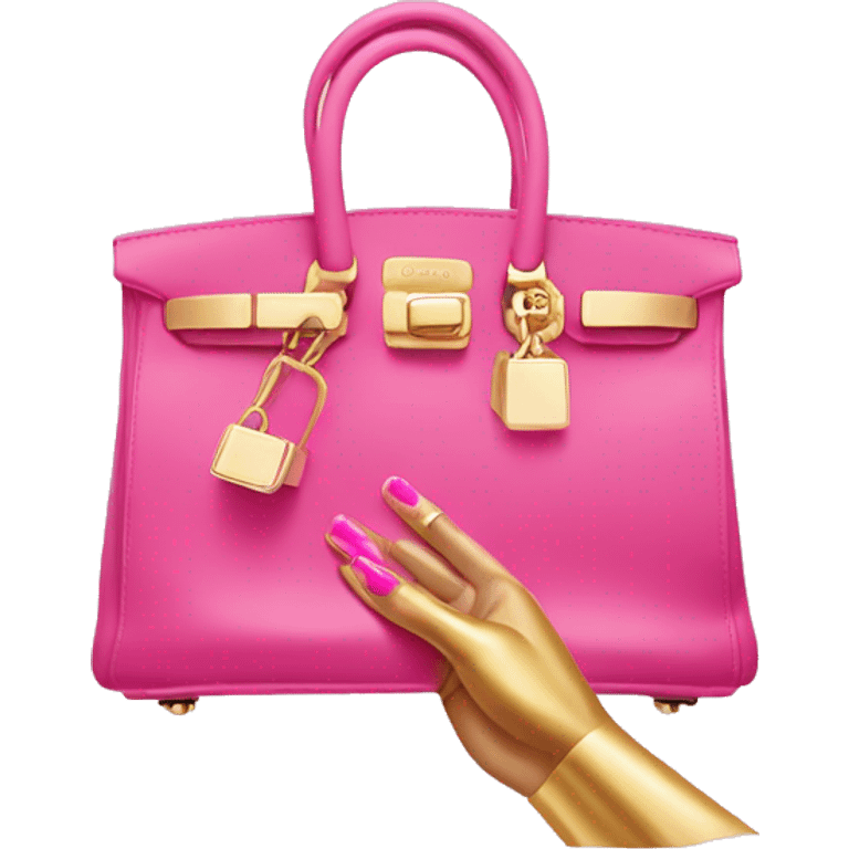 hand with gold nails holding pink birkin bag emoji