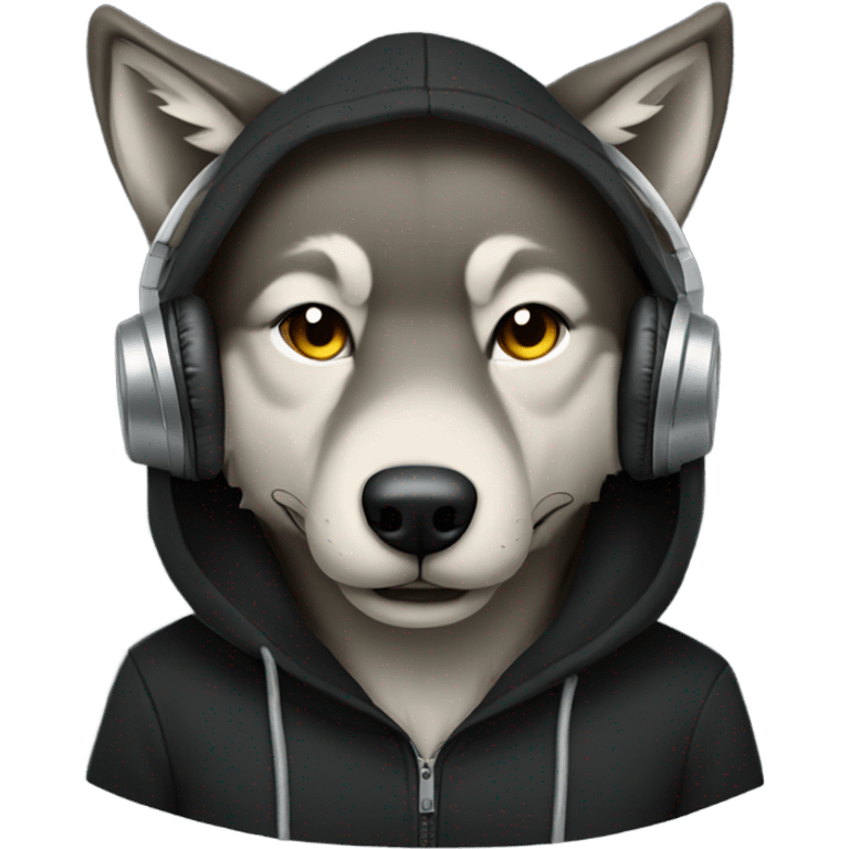 Wolf wearing a black hoodie and headphones emoji