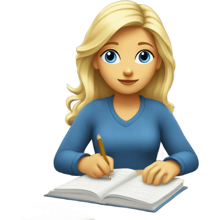 blond girl blue eyes studying on a table emoji