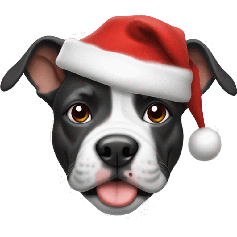 Black and white short pocket bully wearing a Christmas hat emoji