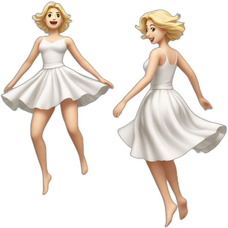 Hyperrealistic Full body Caucasian curvy beauty jumping white skirt back and front views strong wind emoji