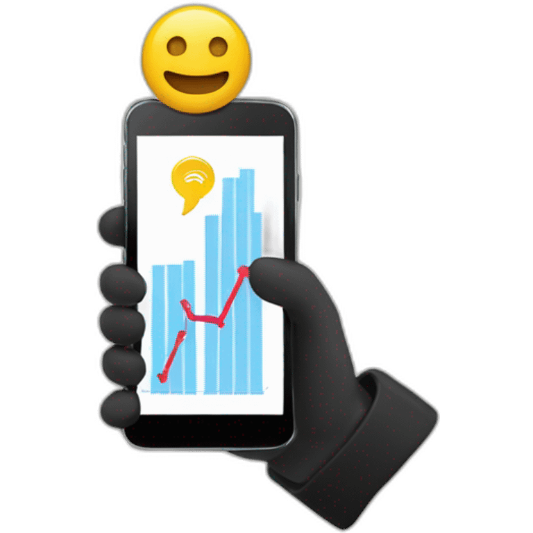 a hand holding a black smartphone showing a graph going up emoji