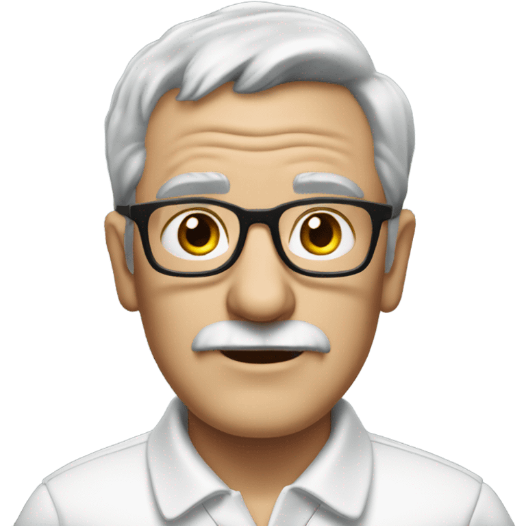 old english man, with glasses, grey hair, no moustache. wearing a white smart polo shirt with black buttons. emoji