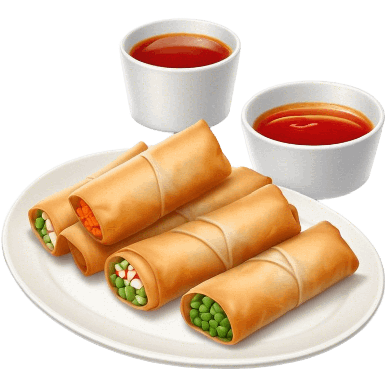 Spring Rolls Cinematic Realistic Spring Rolls Dish Emoji, depicted as 2 perfectly crisp spring rolls served with dipping sauce, rendered with lifelike textures and dynamic, appetizing lighting. emoji