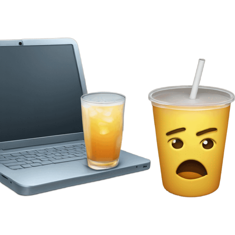  laptop or tablet with a drink next to it, and the screen displaying an overwhelmed face emoji