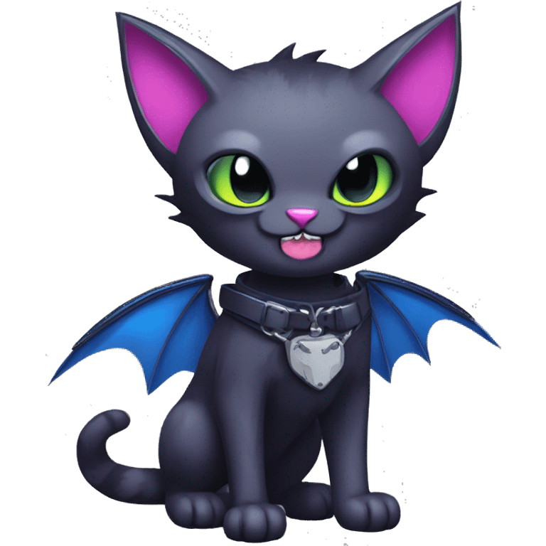  cool edgy kawaii dark-punk-themed animal vampiric cat-hybrid Fakemon with fangs and bat-wing-ears with a collar full body emoji