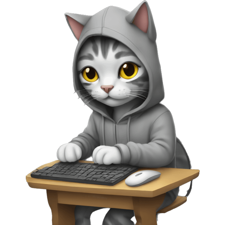 cat is a graphic designer in a hoodie and headphones, working at a computer in photoshop emoji