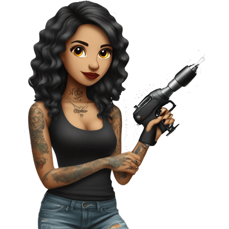 Tattoo artist with tattoo gun. The artist is Hispanic girl  emoji