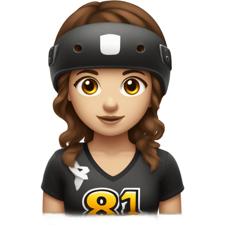 Brown hair girl in roller derby number 818 emoji