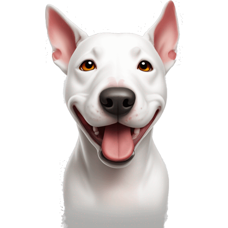 A white bull terrier dog with red and white target on the eye emoji