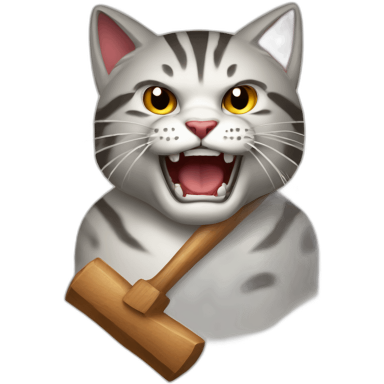 Angry cat smiling with wooden hammer emoji