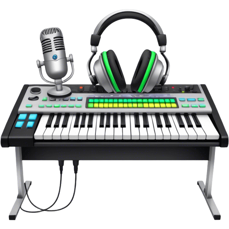 Create a professional and artistic emoji that represents writing music tracks. The design should feature a digital audio workstation (DAW) screen with visible waveforms, a MIDI keyboard, and a high-quality microphone to symbolize the tools used in music production. Add elements like studio headphones and an audio interface to reflect the technical aspects of creating a track. Use sleek, modern colors like silver, black, and neon accents to convey the professional environment of music composition. The background should be transparent. emoji