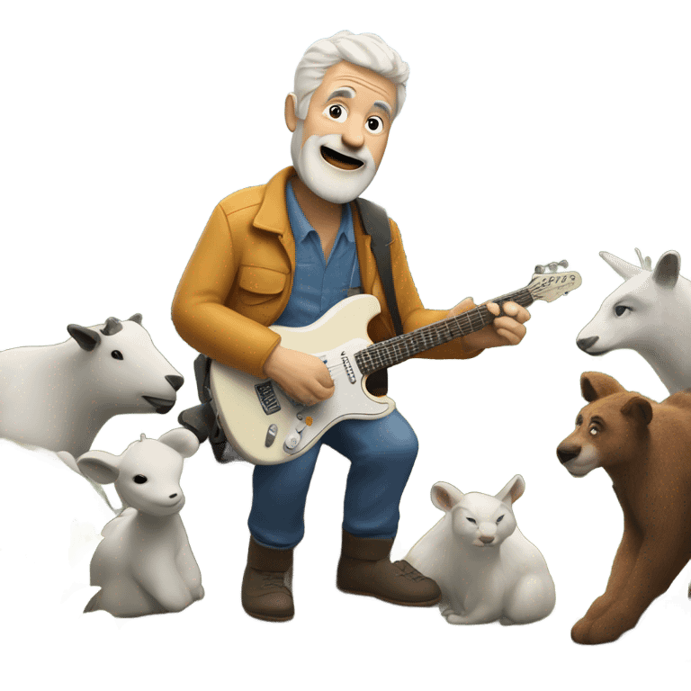 60 year old white man playing electric guitar from a mountain with animals watching emoji