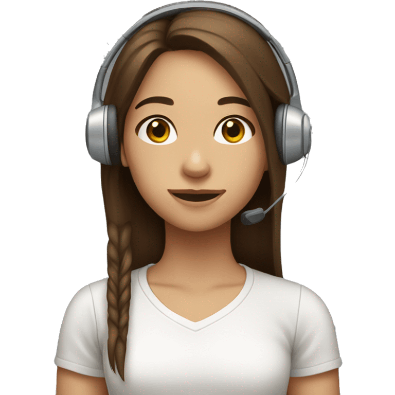 girl with long, straight brown hair, wearing a white shirt, wearing a headset emoji