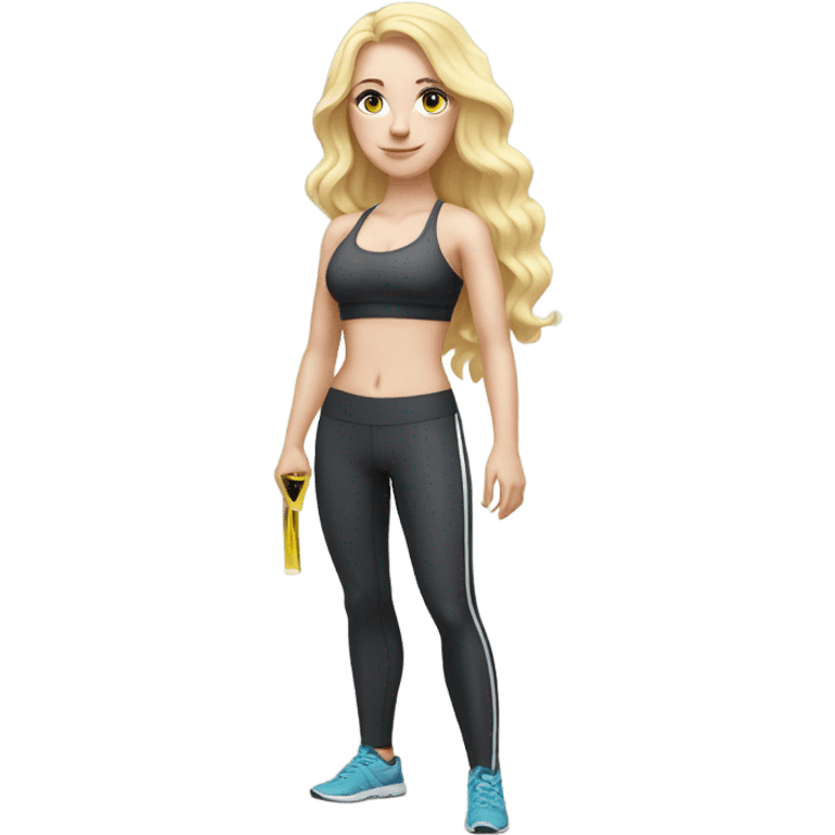 Woman, white skin, pale skin, long hair, blonde hair, wavy hair, standing, sports bra, leggings, tape measure wrapped around waste emoji