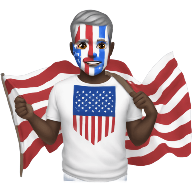 patriotic white man with red white and blue face paint, holding an american flag and wearing a shirt that says freedom emoji