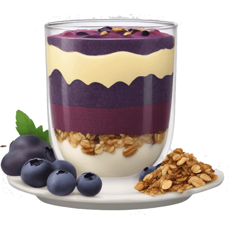 Açaí in a clear cup with layers of fruits and granola and condensed milk emoji