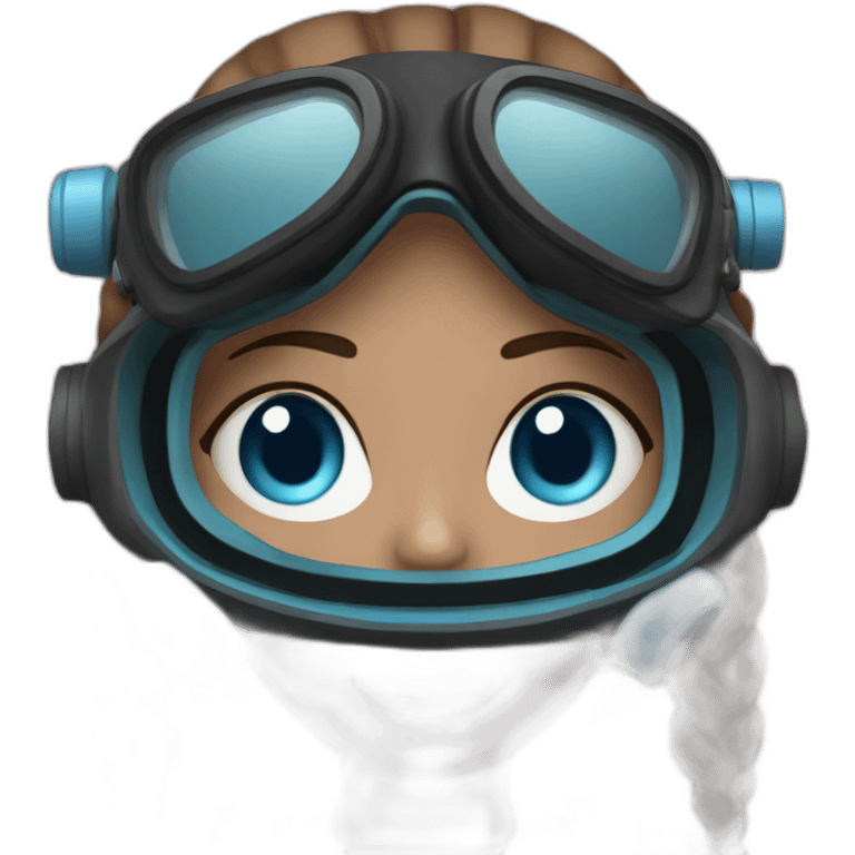 a woman with a scuba diver gear. pink mask, with blues eyes inside. brown largue and straight hair emoji