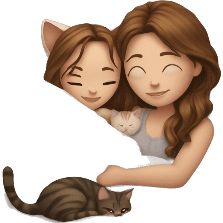 Pale girl with long brown hair cuddle with tabby cat in bed emoji