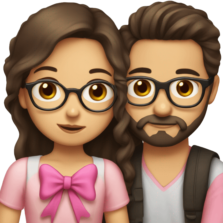 girl with dark brown hair and a pink bow kissing a boy with a beard and glasses and a bow emoji