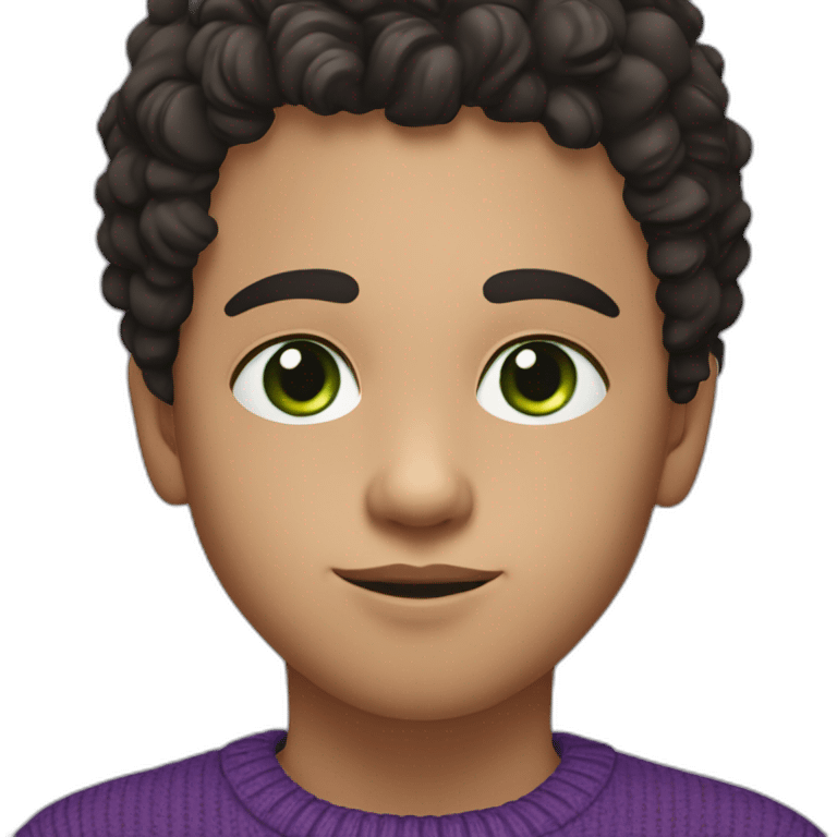 Boy with black curly hair and green eyes in purple sweater. The boy have a skar on nose emoji