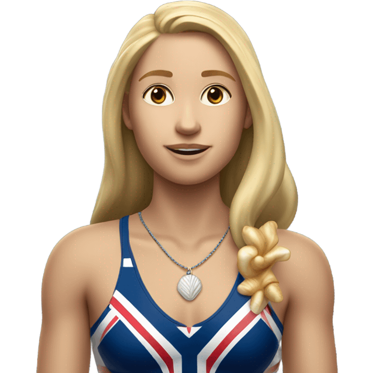 A girl with long blonde hair with wide shoulders wearing a Great Britain rowing swimming suit and has small muscles and add a necklace that has a sea shell pendant on it. She must have a  necklace around the neck and the pendant is on her chest emoji