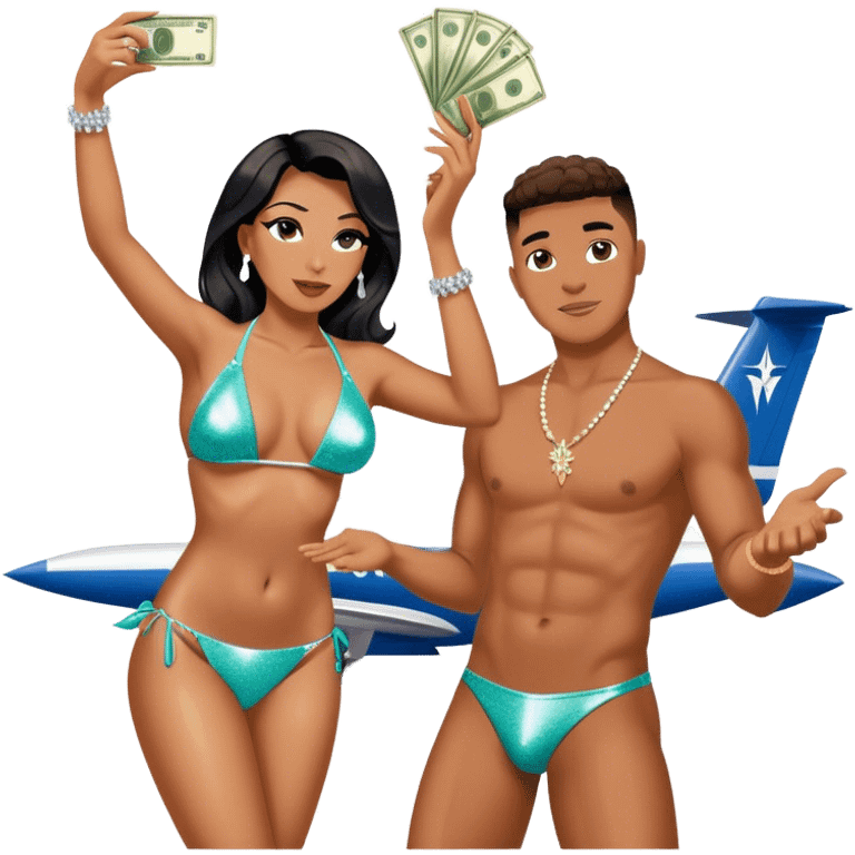 tefi valenzuela wearing diamond sparkle bikini and josh king madrid standing on private plane throwing money at her emoji