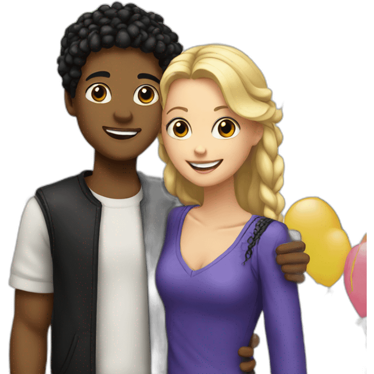 a blonde white boy celebrating his birthday with a black girl with black braids emoji