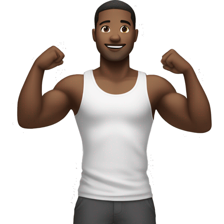 a black man wearing a white tank top standing straight with his arms raised straight up emoji