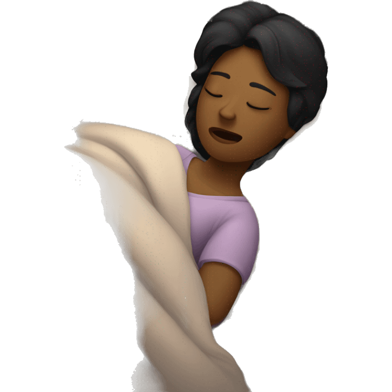 A black-haired woman sleeping while snoring. no dark cricle emoji