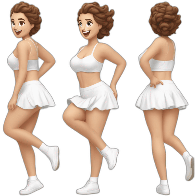 realistic full body caucasian curvy beauty jumping short dress back and front views strong wind white knickers long white socks emoji