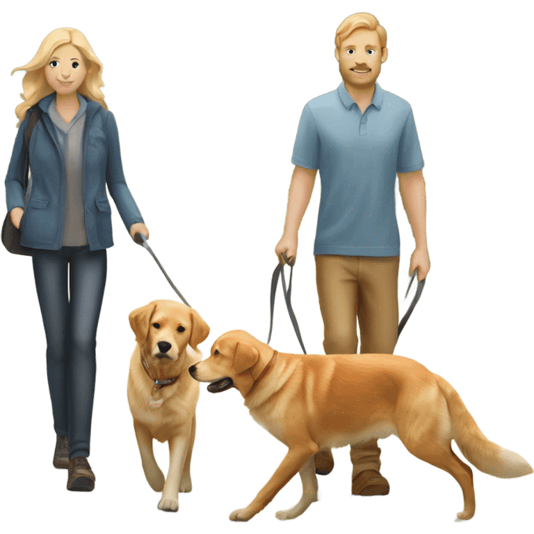 man walking fox red Labrador and woman walking English cream retriever emoji