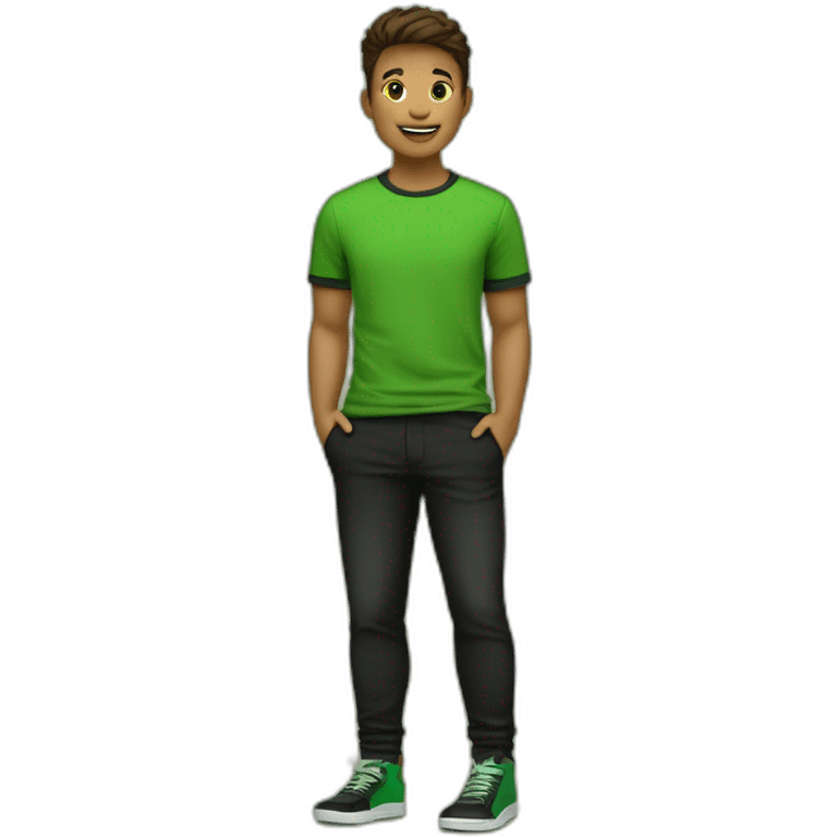 jongen met een bruine huisdkleur en groen en t-shirt en zwarte broek en zwarte schoenen emoji