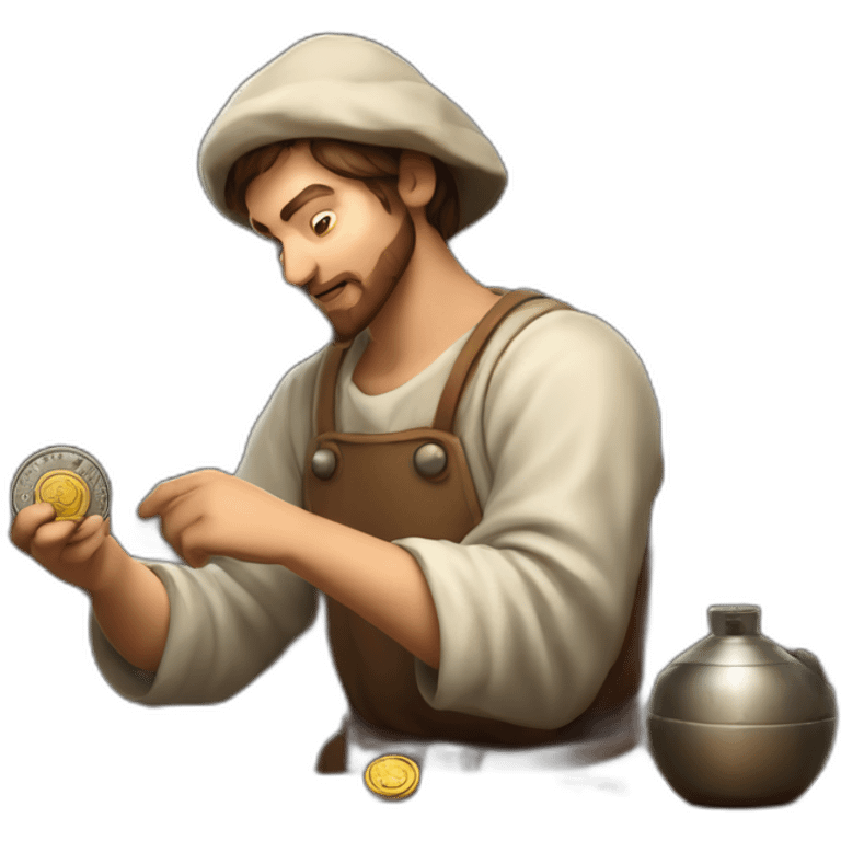 old and experience coin engraver apprentice yielding a coin, medieval age emoji