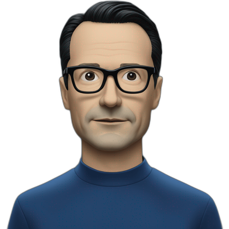 photo realistic Ralf Hutter from Kraftwerk, short straight black hair, black glasses, Dark Blue T-shirt, lean, driving black tesla model 3 emoji