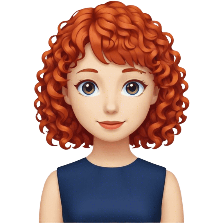 Woman with curly red bangs dark blue work dress   emoji