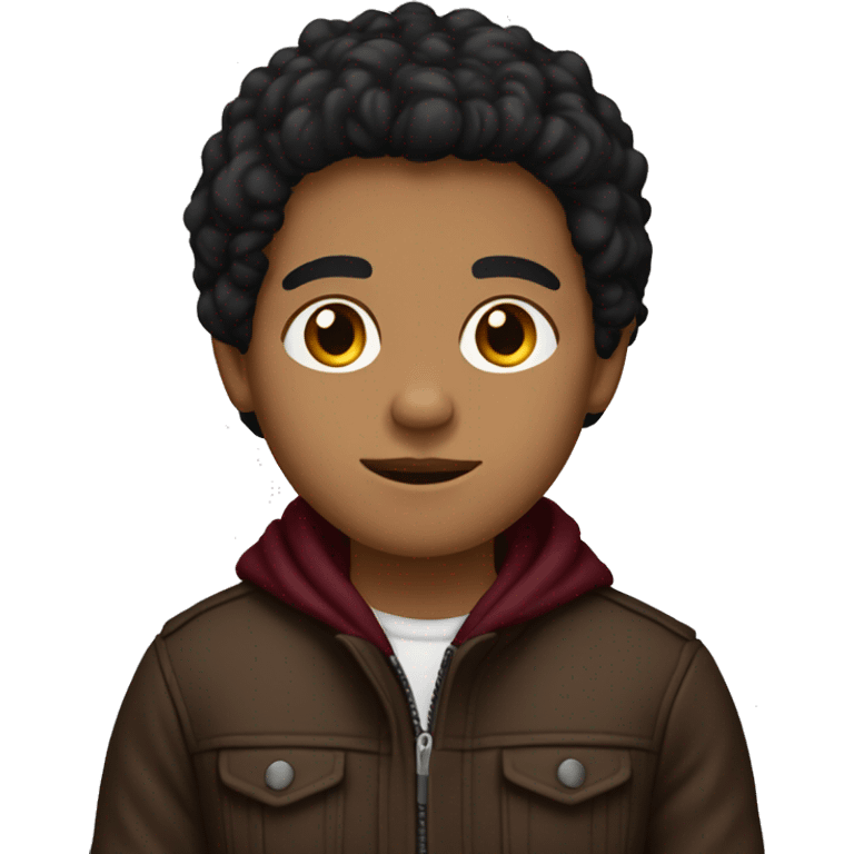 dark hispanic boy, tight to the head black brown hair, brown eyes, brown jacket, burgundy sweater emoji