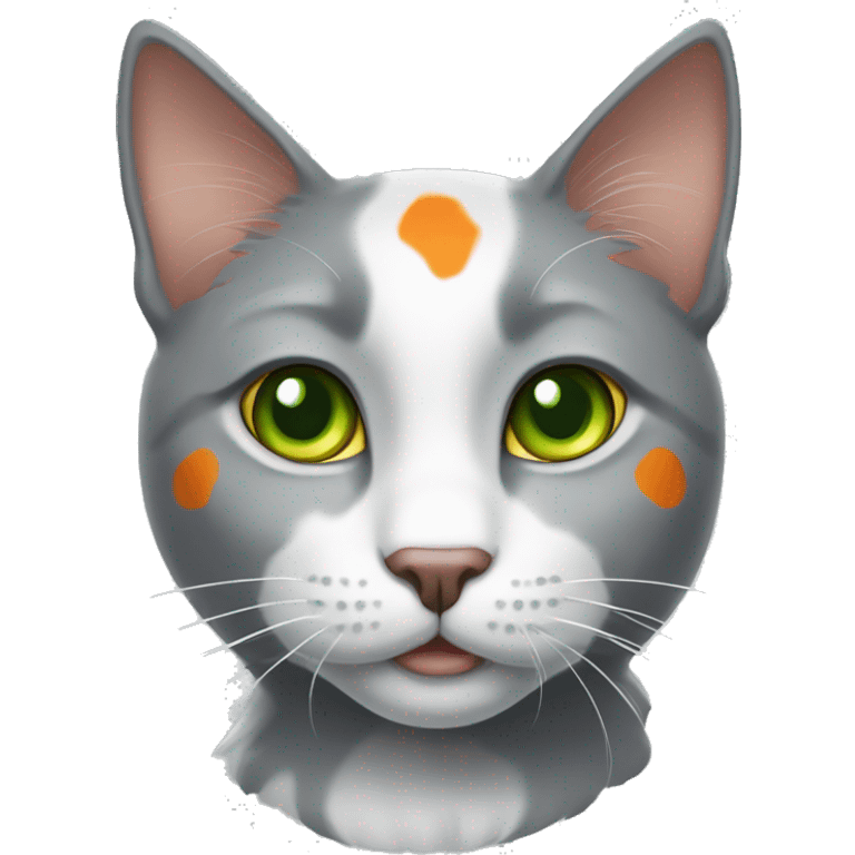 Grey and white cat with orange spots and green eyes emoji