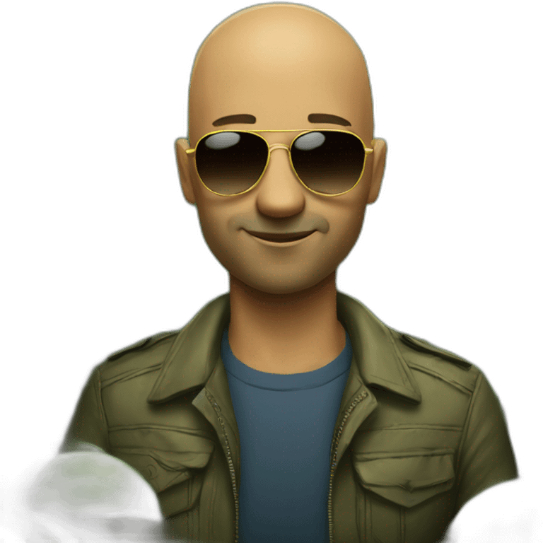 A bald 40 years old man using sunglasses with a clock in a jungle emoji