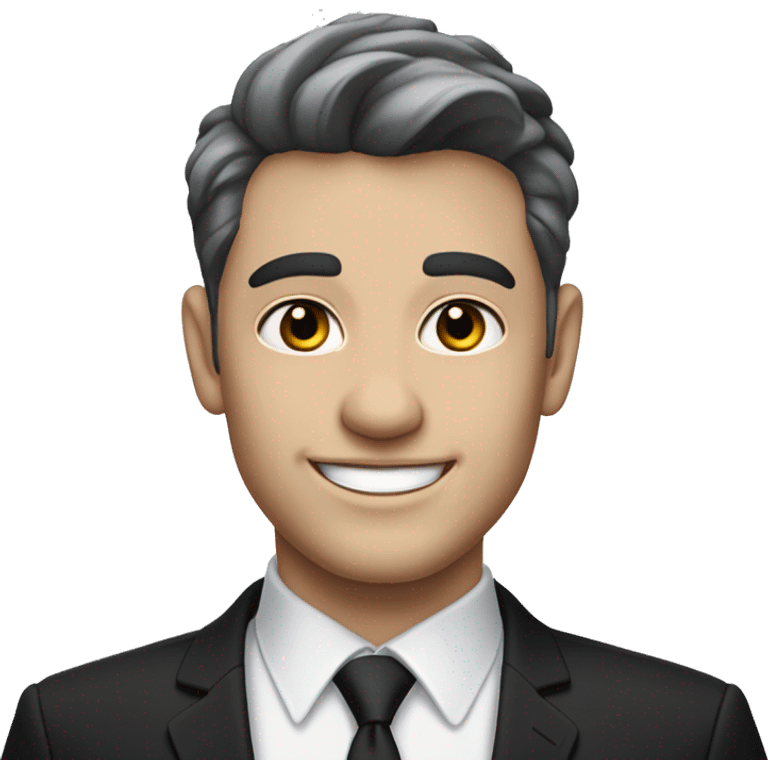 Portrait of an adult smiling man, pale light skin, short bold black-gray ombre hair, black eyes, wearing a black office suit and a white collared shirt underneath. emoji