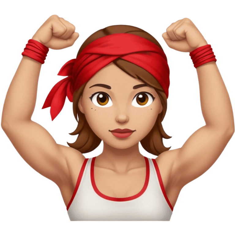 Light skin and brown hair with red bandana Rosie the Riveter shows biceps emoji